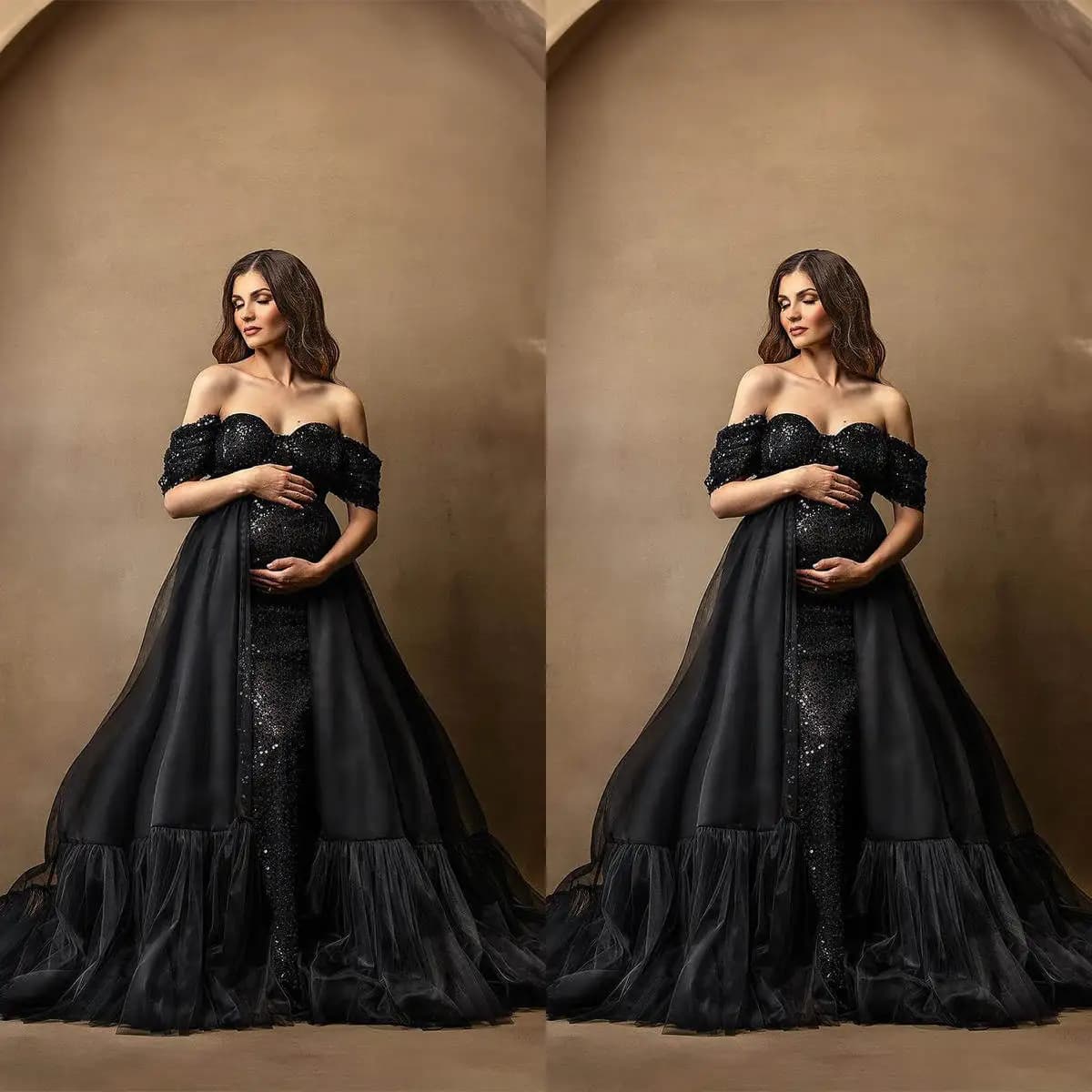 Sparkly Evening Dresses for Women Pregnancy Photography Tulle Robes Detachable Train Baby Shower Maternity Party Gown