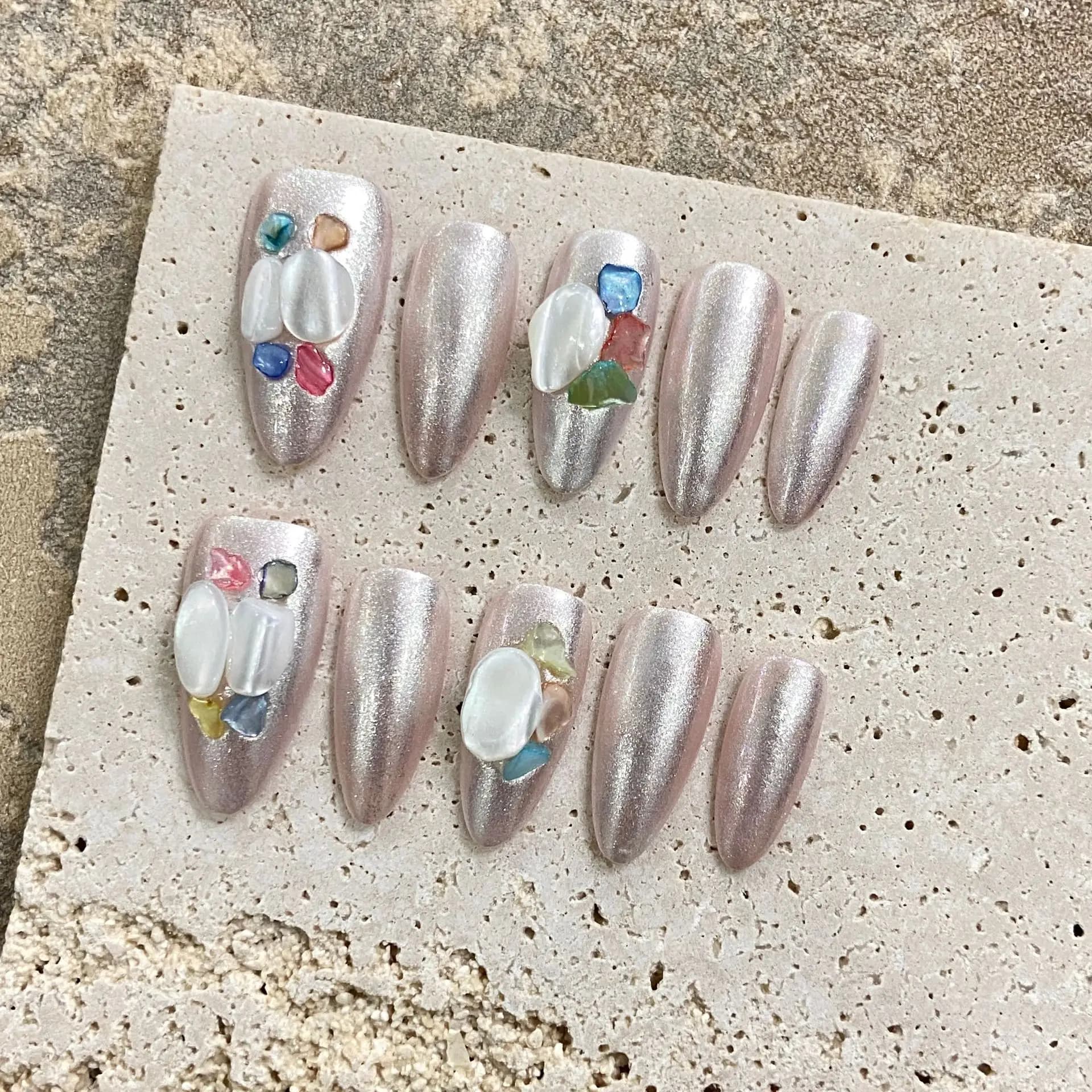 Handmade Baroque Style Fake Nails Glitter Sliver Almond Fake Nail Patch Coloful Glossy Diamond Decor Press On Nails DIY Manicure