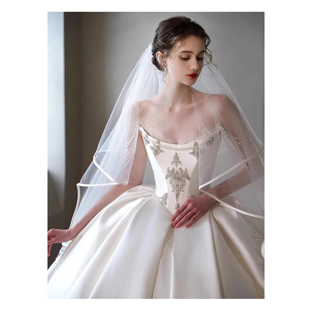 Fashion Elegant White Satin Wedding Dress Lace Beaded Court Style Bridal Gown Customized Princess Bride Dresses