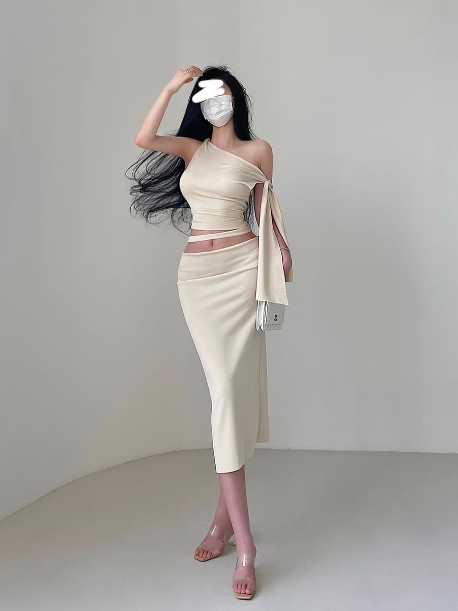 Asymmetrical Diagonal Shoulder Strap Top, Mid Length Hip Wrap Skirt Set Fashion Sexy Women Skirts Set 2024 New Tops Z5Z0