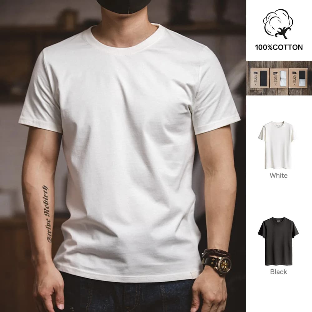 Maden 1Pc/2Pcs Solid Cotton Short-sleeved T-shirts Round Neck Black Beige T-Shirt Men's Summer Classic Heavyweight Versatile Tee