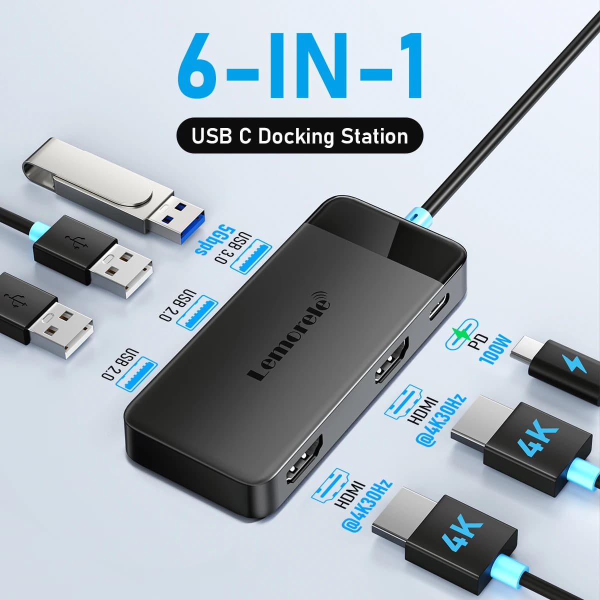 Lemorele TC122 USB C HUB Dual HDMI 4K Docking Station USB 3.0 PD 100W Type C Port for Macbook iPad M2 M1 Steam Deck Laptop