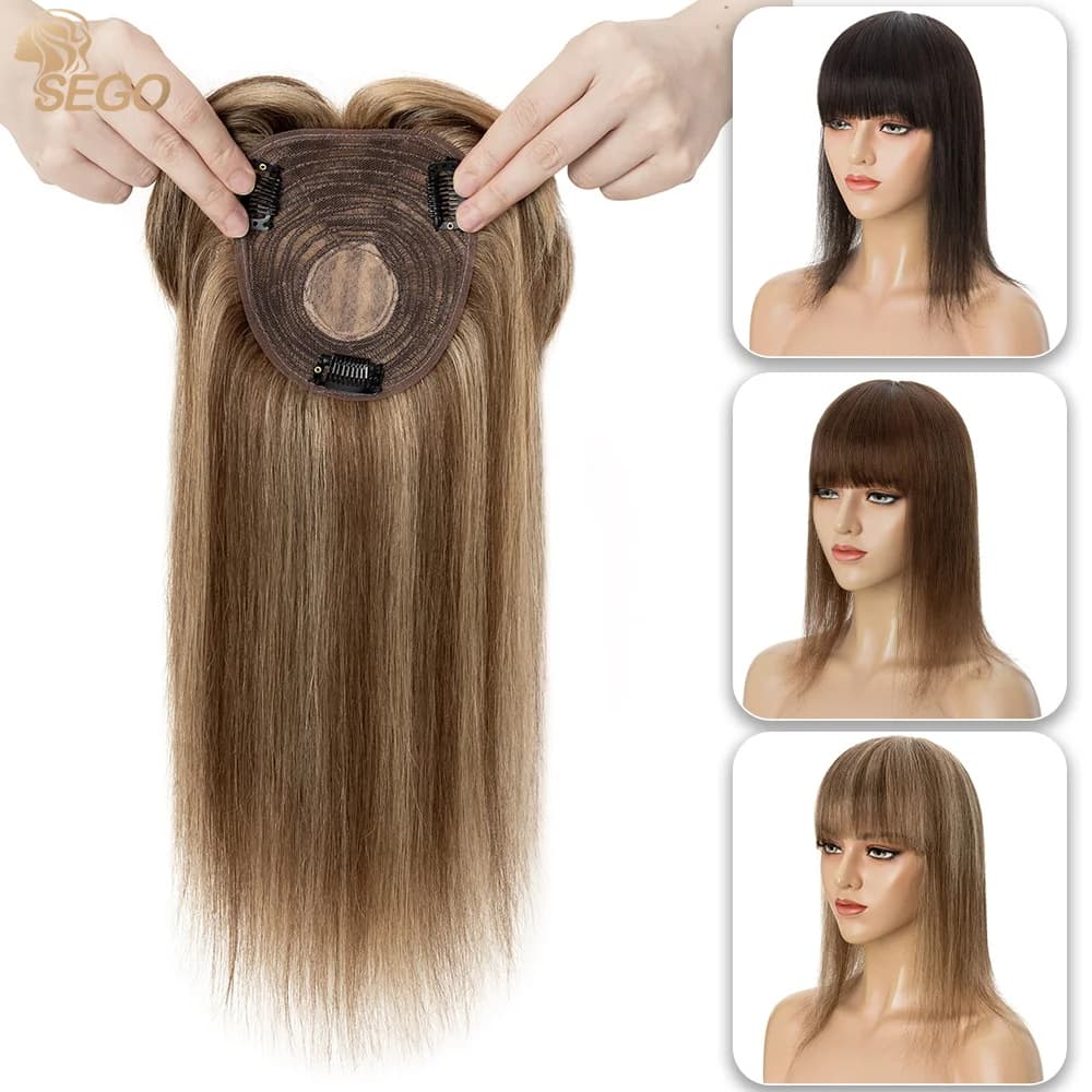 SEGO 10x12cm Human Hair Toppers Straight Women Topper Hair Wig Natural Hairpieces With Bangs 3 Clips In Hair Extensions