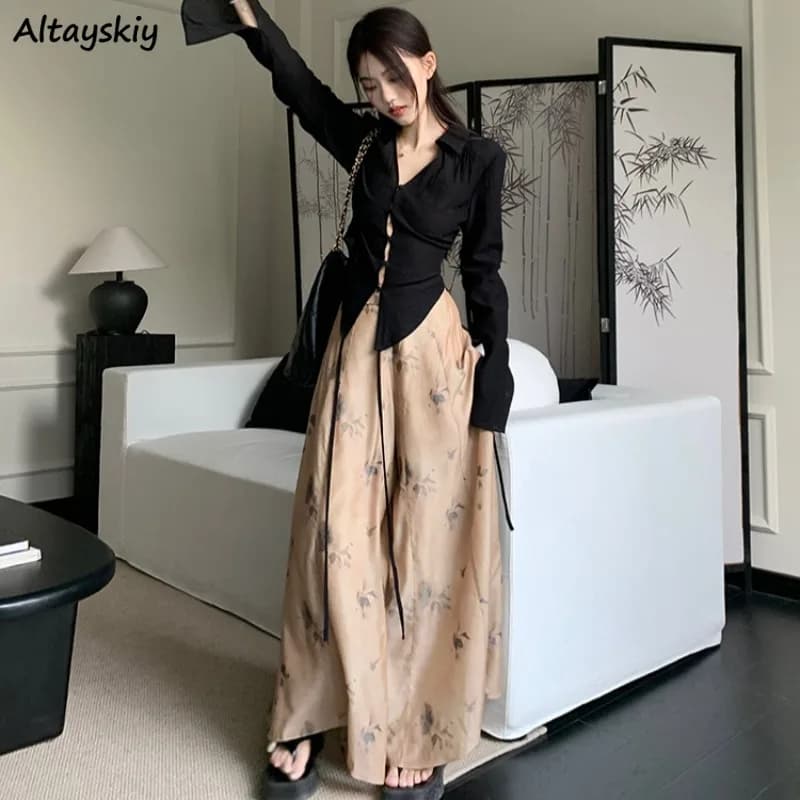Chinese Style Pant Sets for Women Thin Simple All-match V-neck T-shirts Loose Young Girls High Street Casal Thin Spring Autumn