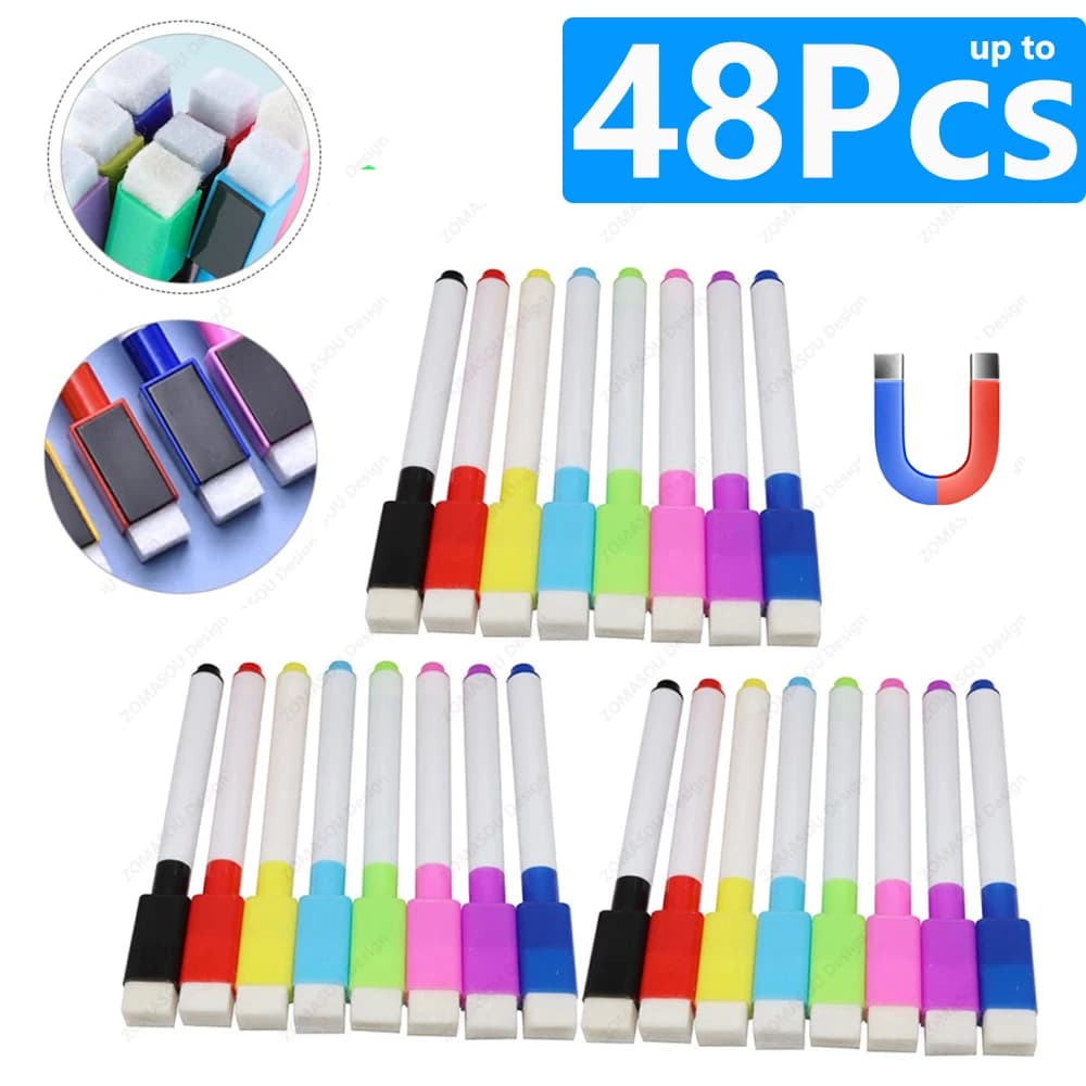 1-48Pcs Magnetic Erasable Whiteboard Pen Color Options Numbering Stationery Office Teaching Supplies for Blackboard Student Note