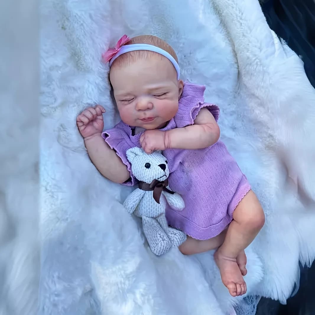 19 inch Reborn Baby doll - realistic baby girl with soft vinyl skin, purple costume and plush toys