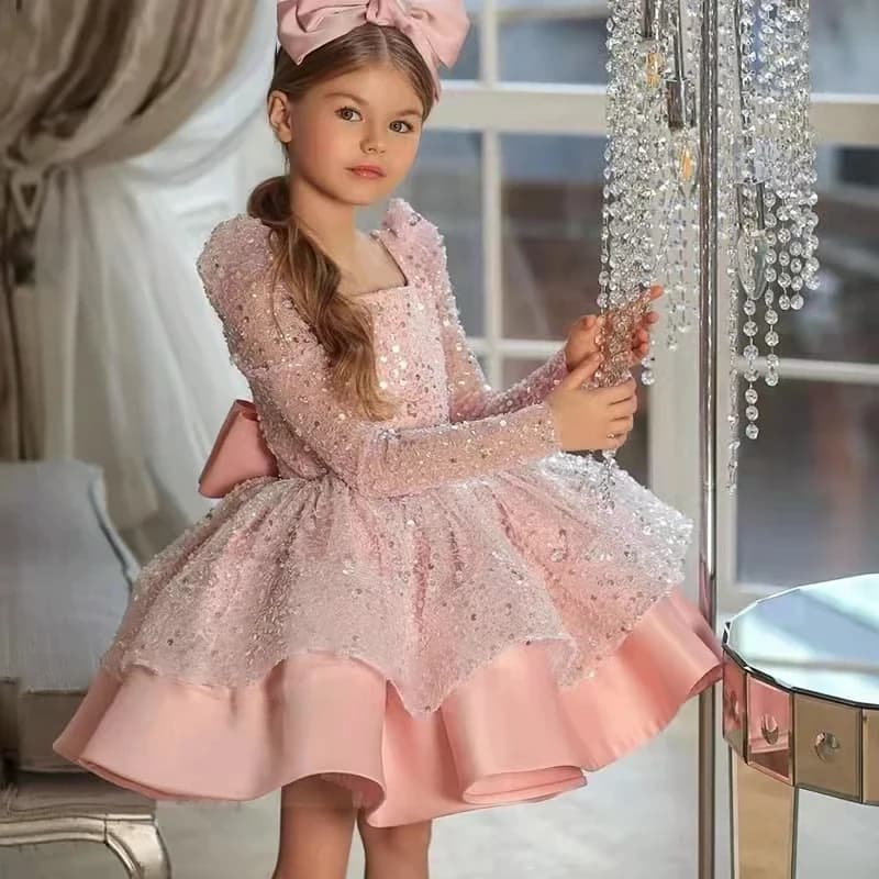 White Glitter Illusion Lush Girl Party Dresses Layers Puffy Girl Princess Dress Shiny luxurious Birthday First Communion Dresses