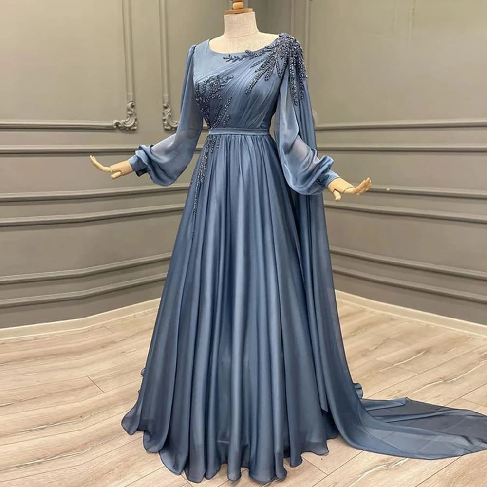 A-line Scoop Neck Arabia Prom Evening Dresses Cap Shoulder Long Sleeves Beaded Sequins Formal Party Gowns Robes De Soirée