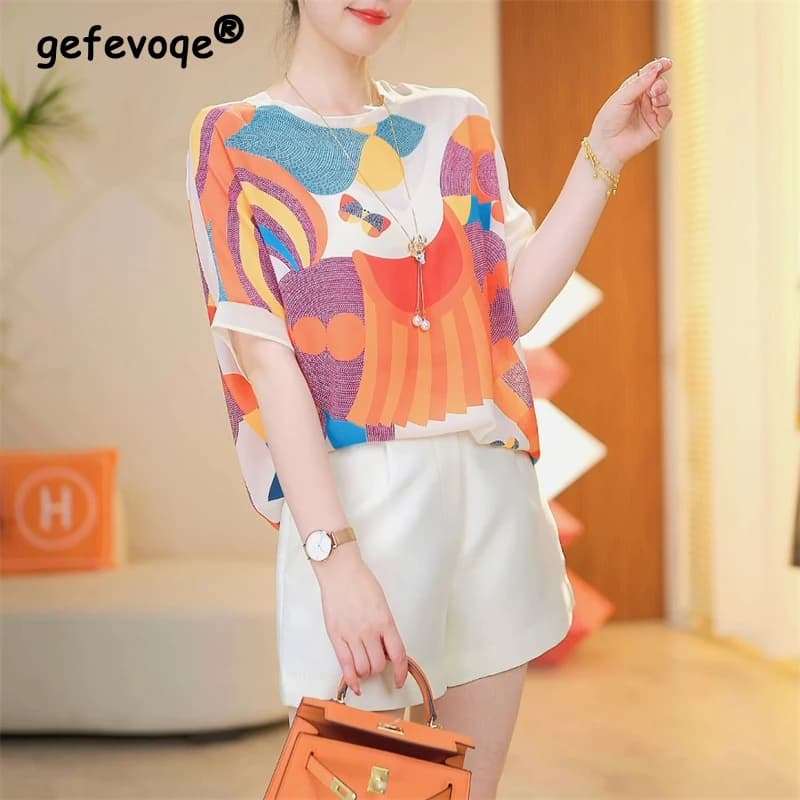 Women Elegant Fashion Printed Blouse 2024 Summer Round Neck Short Sleeve Chiffon Shirts Casual Chic Loose Tops Blusas Para Mujer