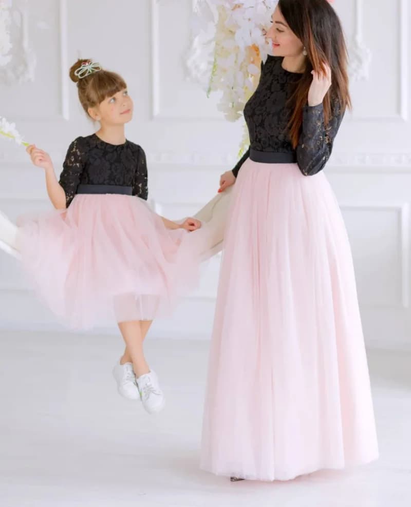 Mother Daughter Matching Gowns Blush Black Lace Dress Mommy and Me Outfit Toddler Formal Photoshoot Birthday Party Dresses