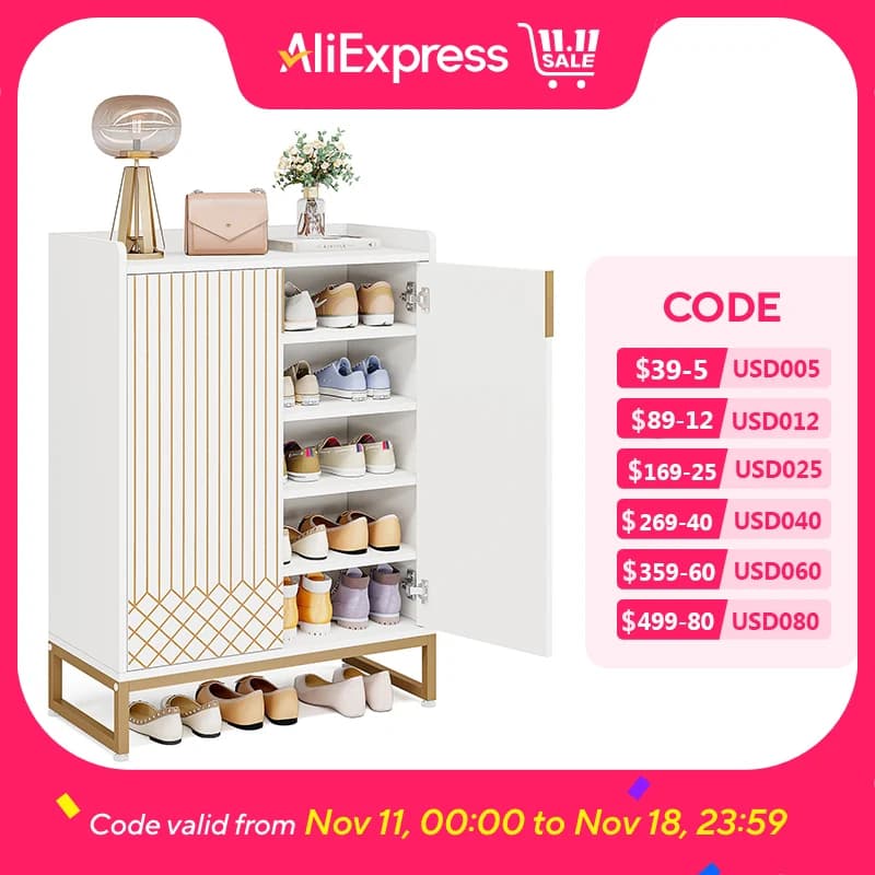 Tribesigns White Shoe Cabinets with Doors, 5-Tier Shoe Rack, Wood Storage Cabinet for Bedroom Hallway Living Room