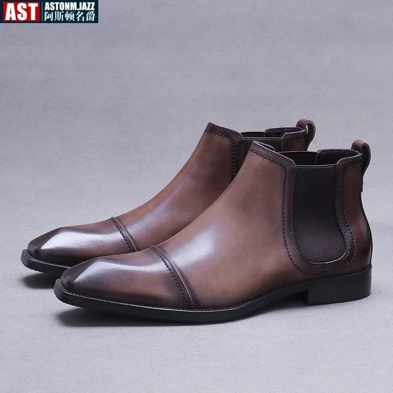 Men's Chelsea Boots Handmade Leather Shoes 2024 Winter Genuine Leather Square Toe Ankle Boots Business Casual Men Dress Boots