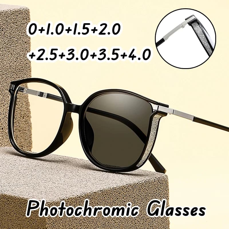 Unisex Retro Cat Eye Photochromic Glasses Trendy Color Changing Reading Glasses for Men Women Fashion Outdoor Sunglasses+4.0