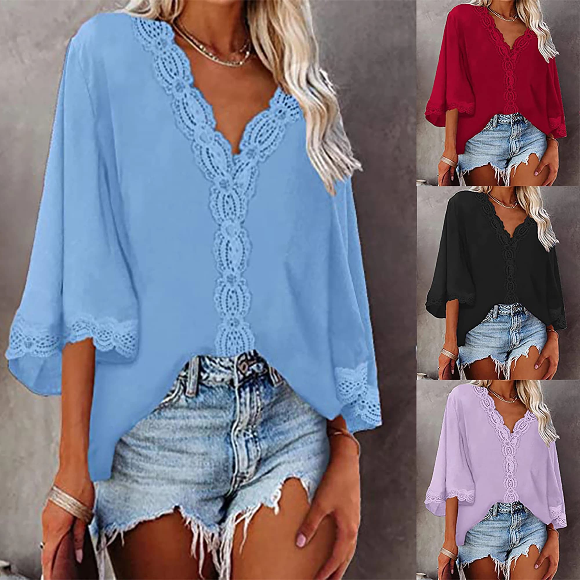 Europe and the United States spring and summer new women's shirt flared sleeve V-neck lace lace loose shirt woman