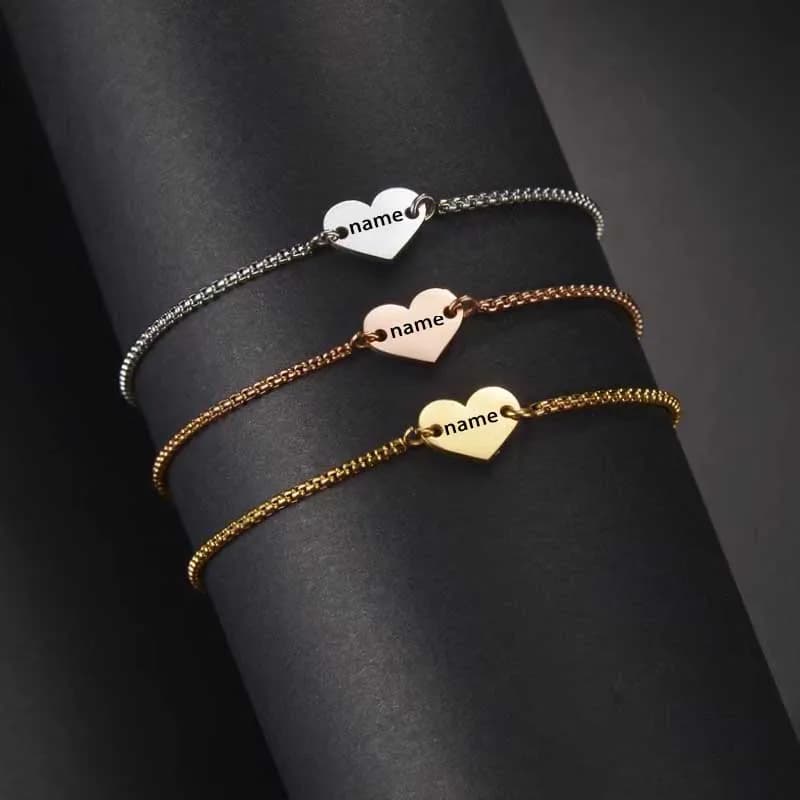 Personalized Engrave Heart Name Date Bracelet Stainless Steel For Men Women Adjustable Link Chain Bangles Jewelry Gift