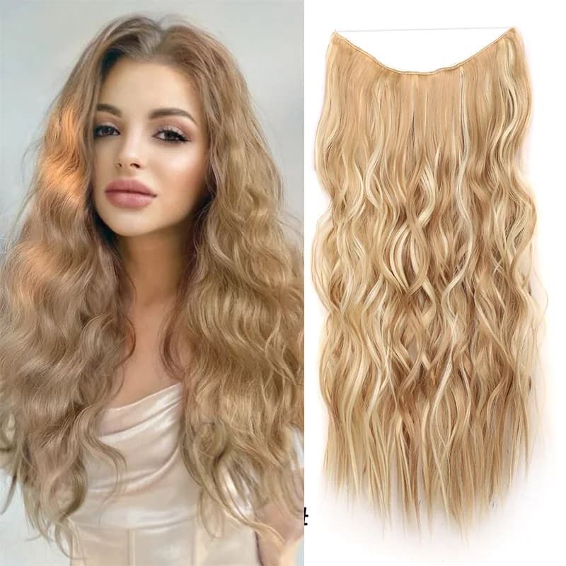 Long Wavy Synthetic Wire Hair Extensions with Transparent Wire Adjustable Size 4 Secure Clips Secret Hairpiece For Women Daily