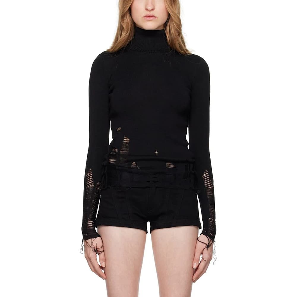 Women's Wool Blend Sweater,Y2K,Torn Hole,Personalized Hundred High Neck,Long Sleeve,Knit Tops,Pullover,Autumn,Winter,New,2024