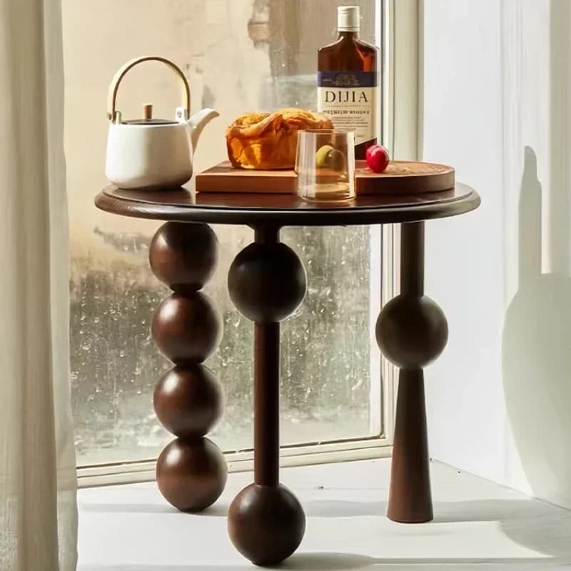 French Light Luxury Walnut Coffee Table Vintage Round Storage End Table Solid Wood Sofa Nightstand Living Room Bedside Accent