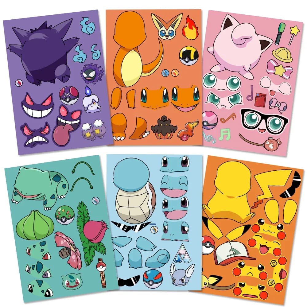 8/16 Sheets Pikachu Puzzle Stickers Make-a-Face Pokemon Assemble Jigsaw DIY Children Cartoon Sticker Kid Educational Toys