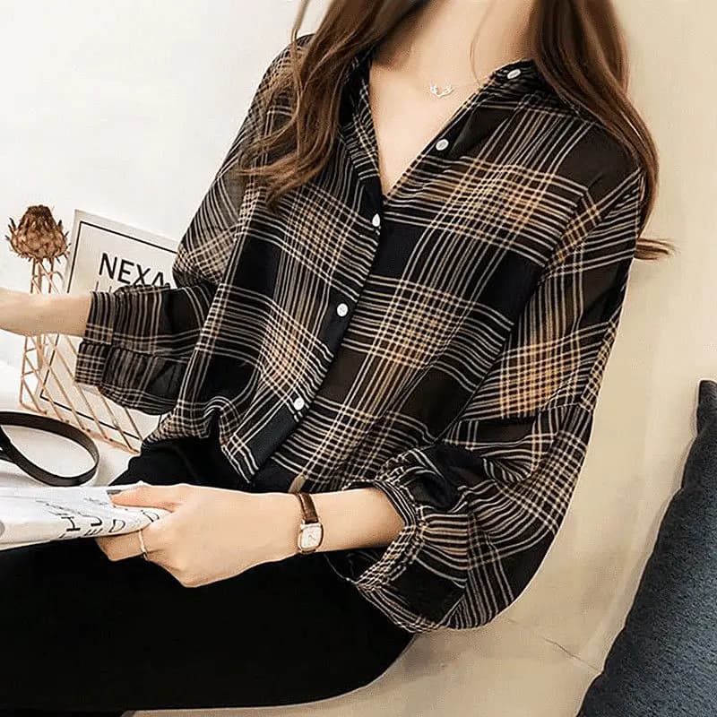 Fashion Casual Thin Chiffon Loose Batwing Sleeve Plaid Women Shirt 2022 Office Lady All-match Lapel Button Oversize Woman Blouse