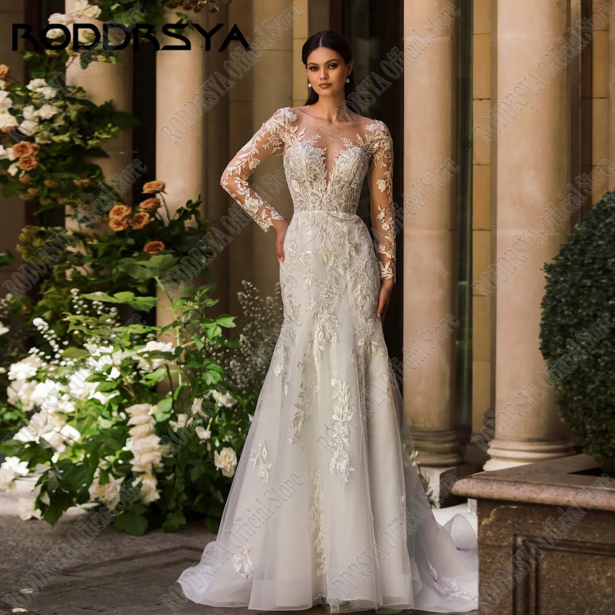 RODDRSYA Lace Mermaid Wedding Dresses Appliques O Neck Bride Gown Long Sleeve Boho Bridal Dress Customized vestidos de novia