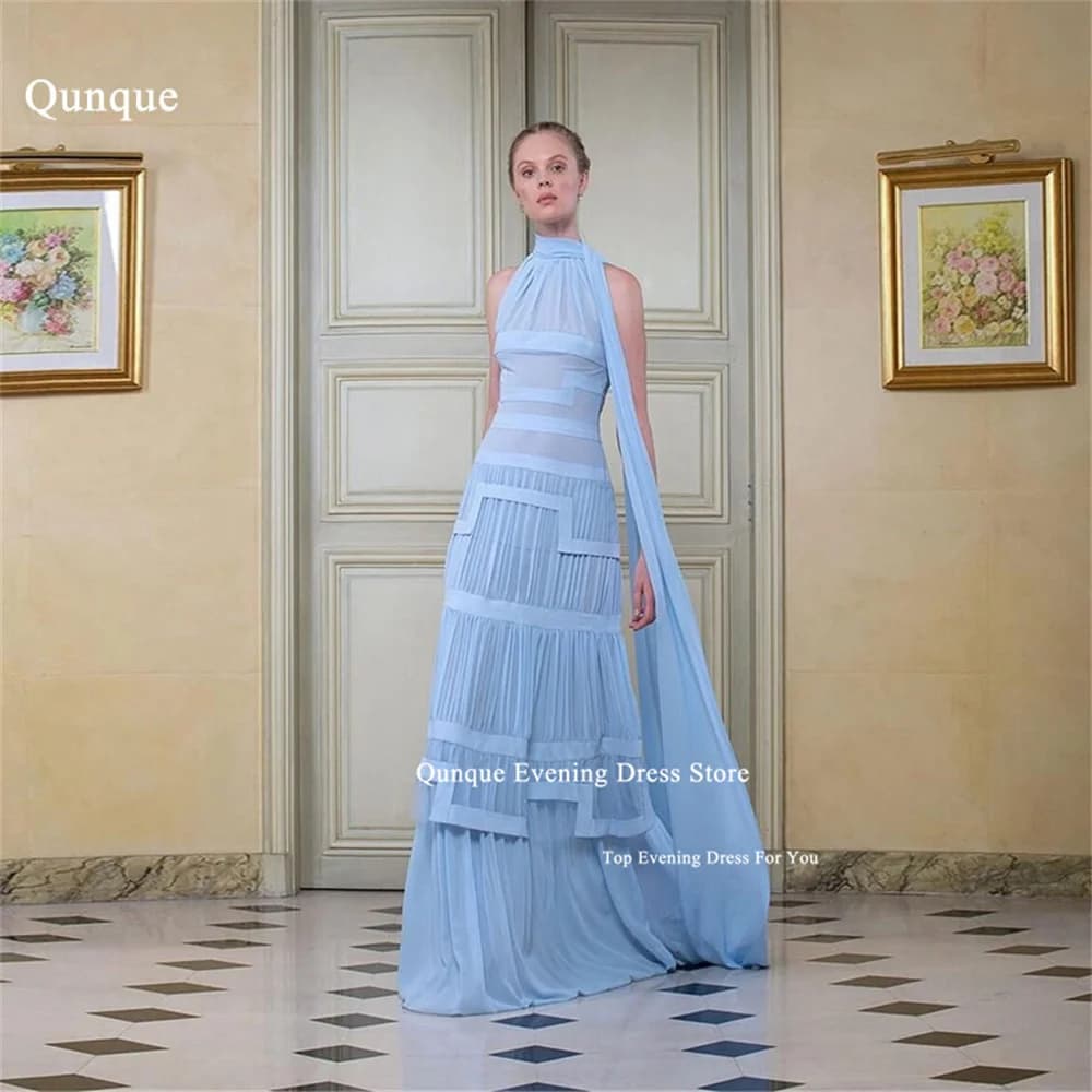 Qunque See Through Cocktail Evening Dresses With Scarf Woman's Celebrity Dresses Plus Size Sky Blue Dubai Arabic Formal Dress