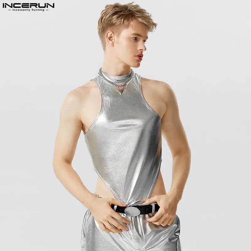 2023 Men Bodysuits Sparkling Solid Color Turtleneck Sleeveless Rompers Men Tank Tops Fitness Sexy Fashion Bodysuit S-5XL INCERUN