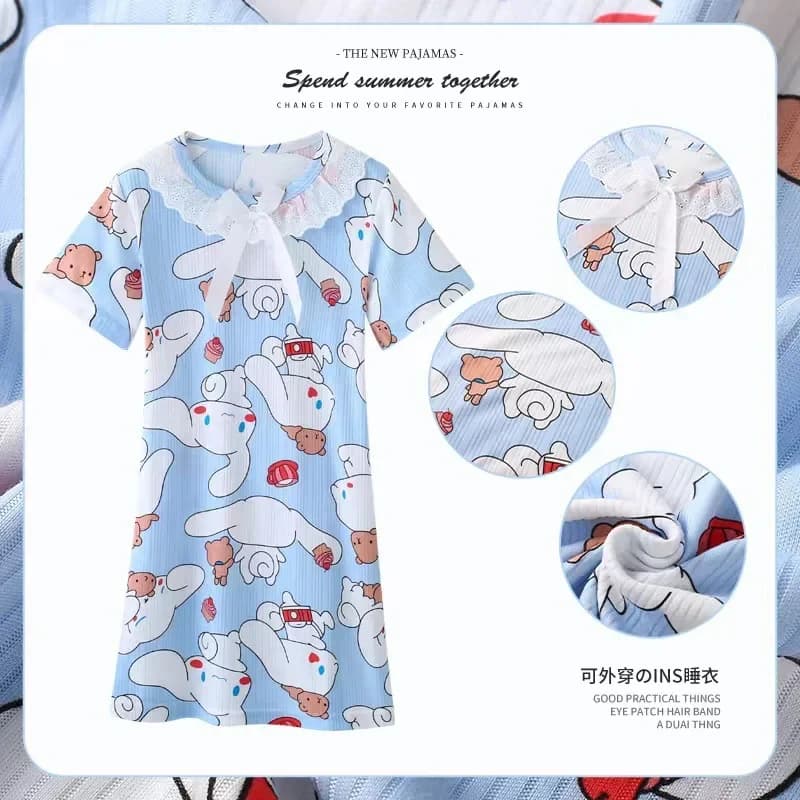 New Summer Dress Girls Nightdress Stitch Cartoon Clothes Pajamas Children's Clothing ShortSleeve Pajamas Dress Kids Family Wear