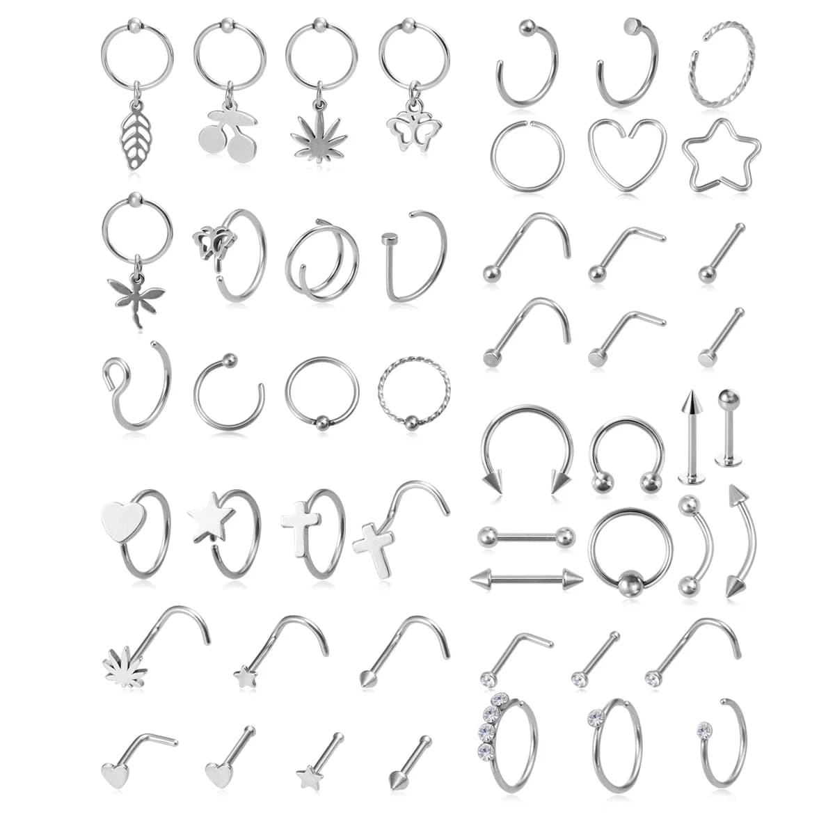 Piercing Jewelry Kit-Stainless Steel Nose Ring Eyebrow Lip Piercing Rings Cartilage Daith Helix Earrings
