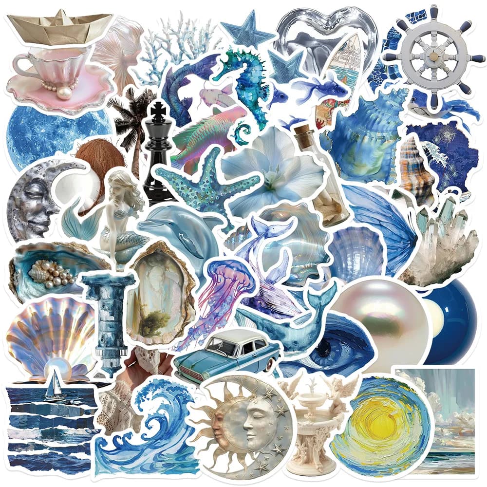 10/25/50pcs Aesthetic Mixed Blue Ocean Sea World Stickers for DIY Notebook Laptop Phone Suitcase Kids Toy Decals Helmet