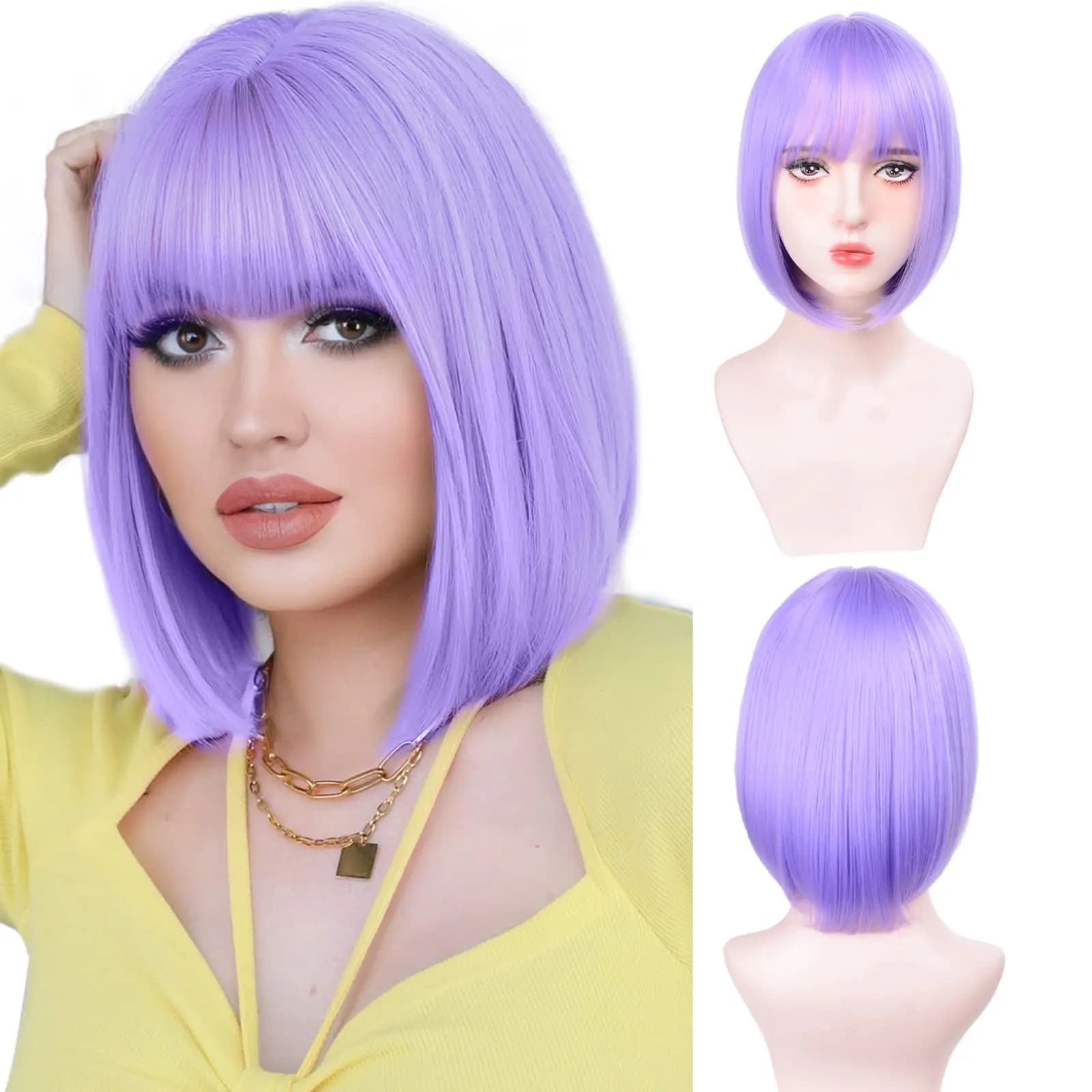 Short, light purple bob hairstyle synthetic wig for Halloween party cosplay wig, daily high-temperature hair accessory wig set