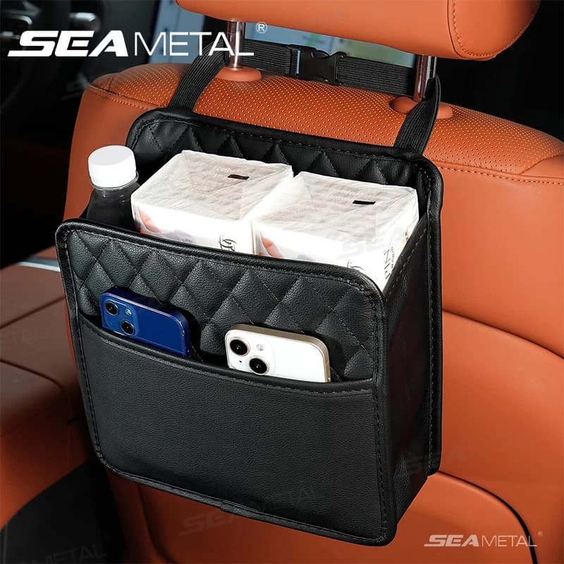SEAMETAL Car Seat Storage Bag Pu Leather Auto Garbage Bag Hanging Storage Bags For Phone Tissue Bottle Holder Large Capacity