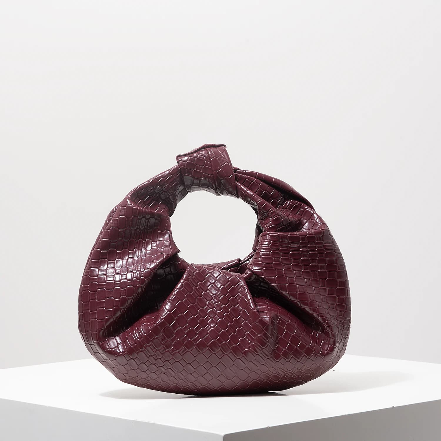 Vintage Faux Leather Woven Handbag, Knot Decor Crescent Bag, Pleated Cloud Bag, Lady Party Dress, Burgundy Purse,Elegant Dinner Bag(Random Pattern)