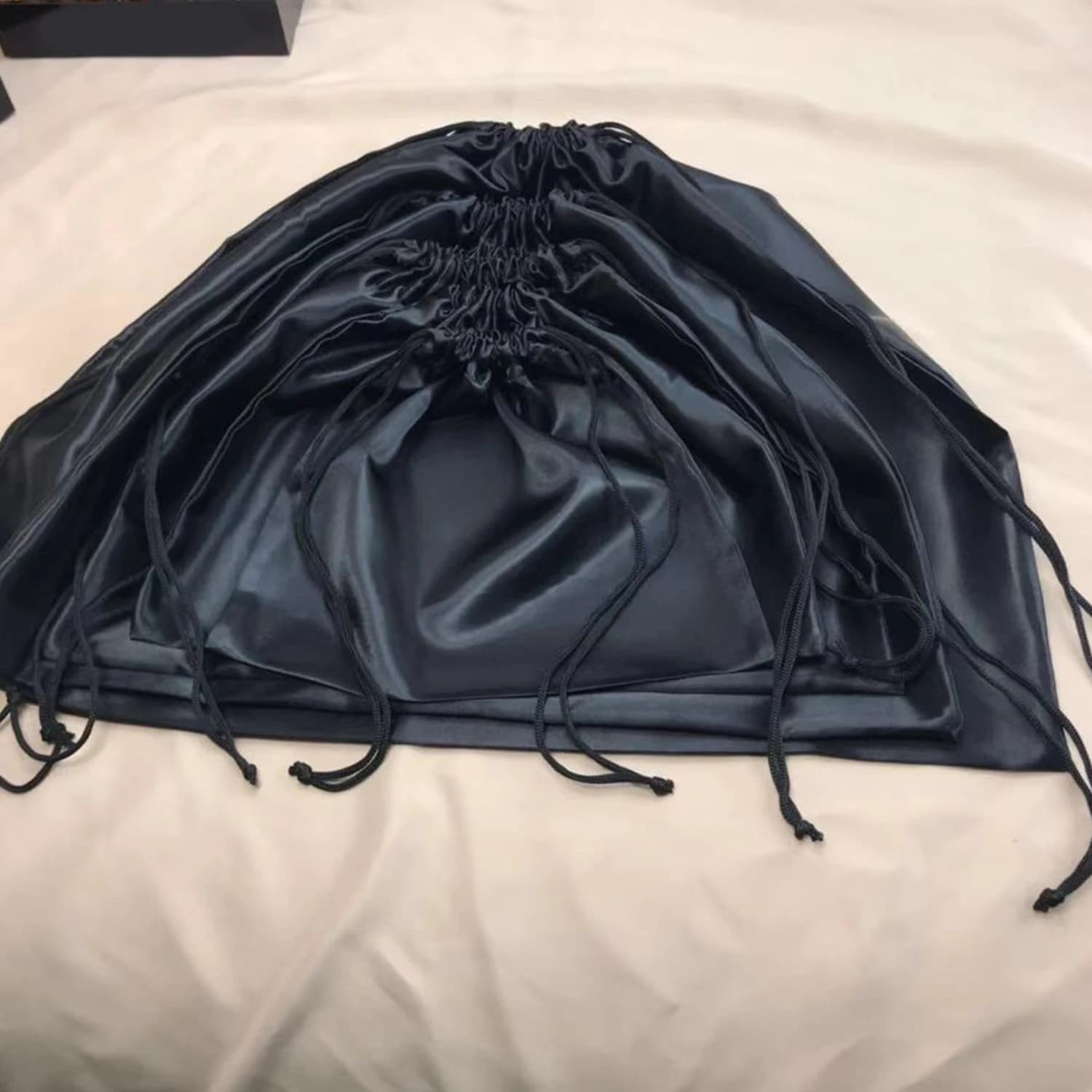 Large Silk Satin Drawstring Care Bag Custom Wigs Storage Dust Proof Packaging Pouch Black Reusable Sack Handbag Shoes Travel Bag