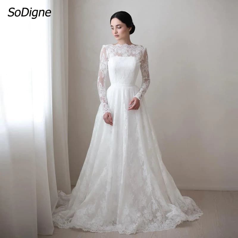 SoDigne A-line Elegant Wedding Dresses O-neck Long Sleeves Lace Bridal Dress Long Back Button Wedding Gown Robe De Mairee ﻿