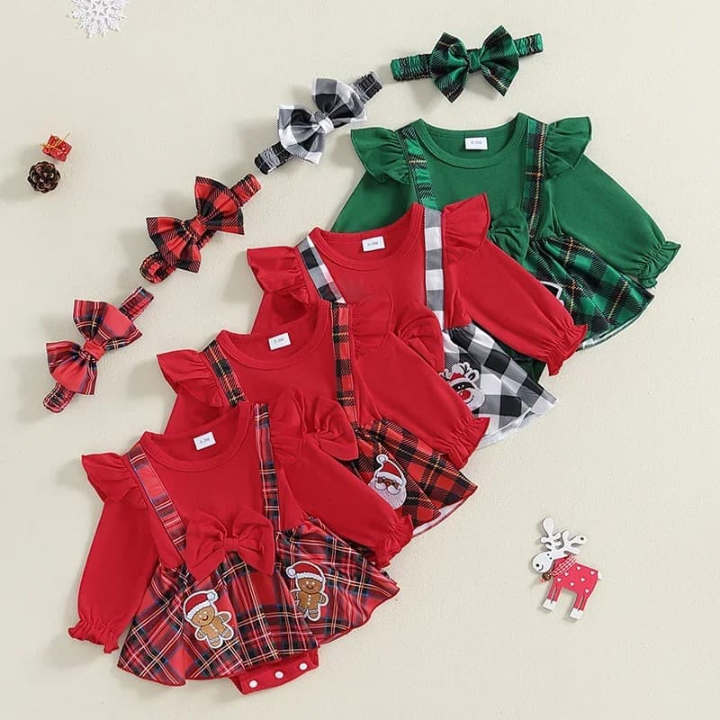 Chrismtas Newborn Baby Girls Rompers Clothes Red Plaid Santa Claus Print Long Sleeve Bowknot Patchwork Jumpsuits Headband