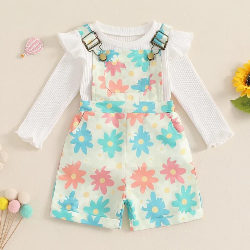 Little Girls Fall Outfits Solid Color Ribbed Long Sleeve Tops with Floral Print Overalls Shorts 2Pcs Set Baby Clothing