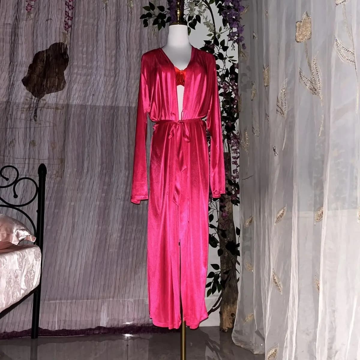 Glossy Women Satin Long Sleeve Dress with Sash Loose Maxi Dress Plus Size Sleeping Robe