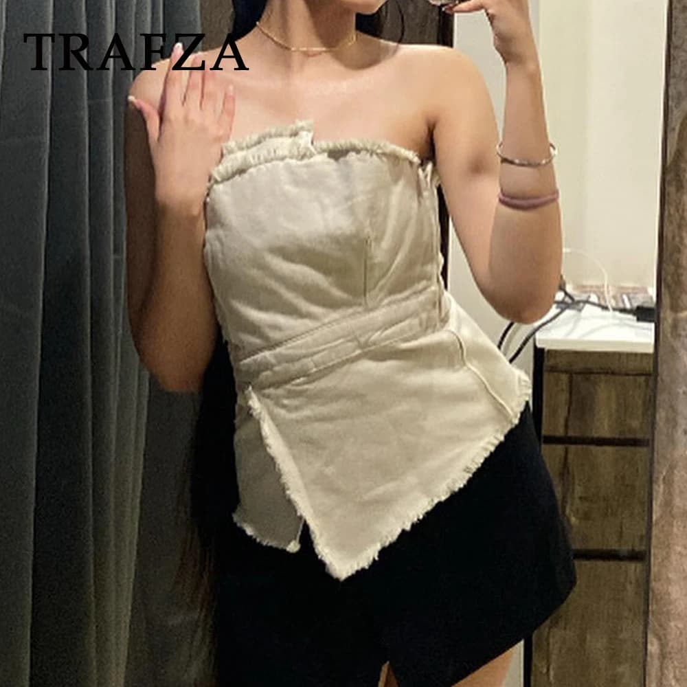 TRAFZA 2025 Tassel Vintage White Woman Suit Asymmetric Strapless Slim Vest+Chic Split Flash Long Dress Women Casual Elegant Sets