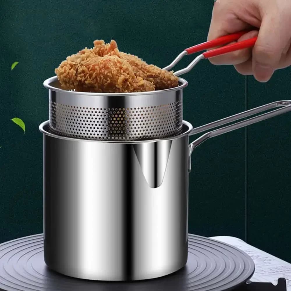 Stainless Steel Deep Fryer with Basket Multi Purpose Home Commercial Tempura Chicken Frying Anti Slip Base Cool Handle Clean