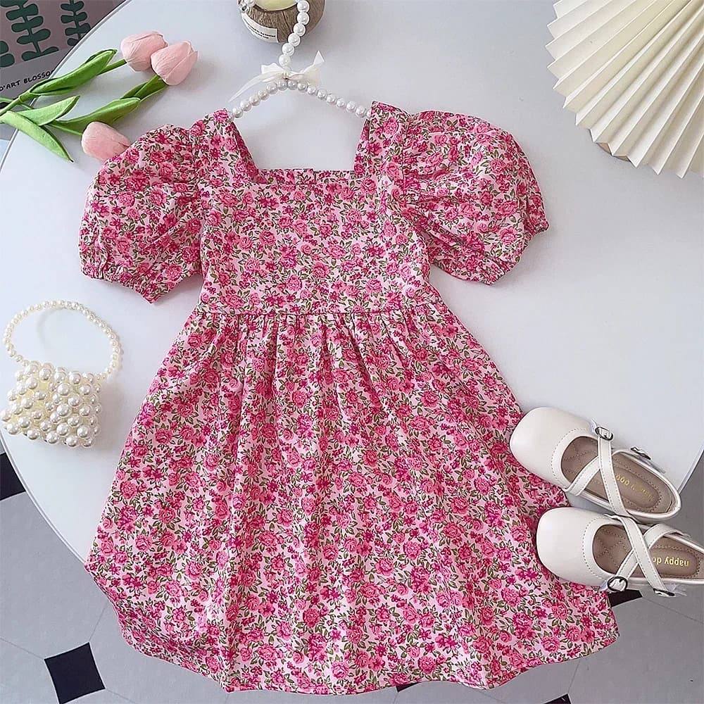 Summer New Korean Version Girl Flower Print Square Neck Bubble Sleeve Princess Dress Party Birthday Children's Casual Clothes