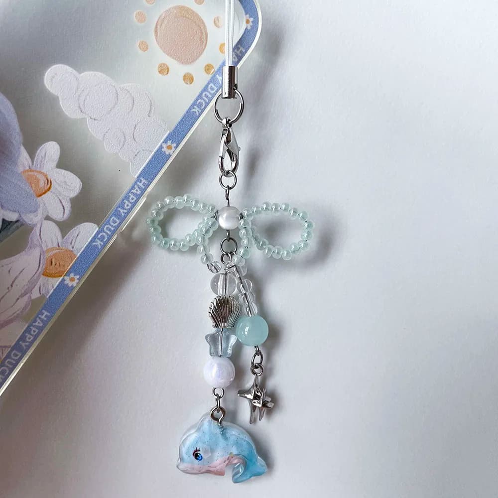 Cute Dolphin Phone Charm Strap Summer Ocean Style Seashell Bead Star Pendant Keychain Lanyard for Woman Schoolbag Camera Decor