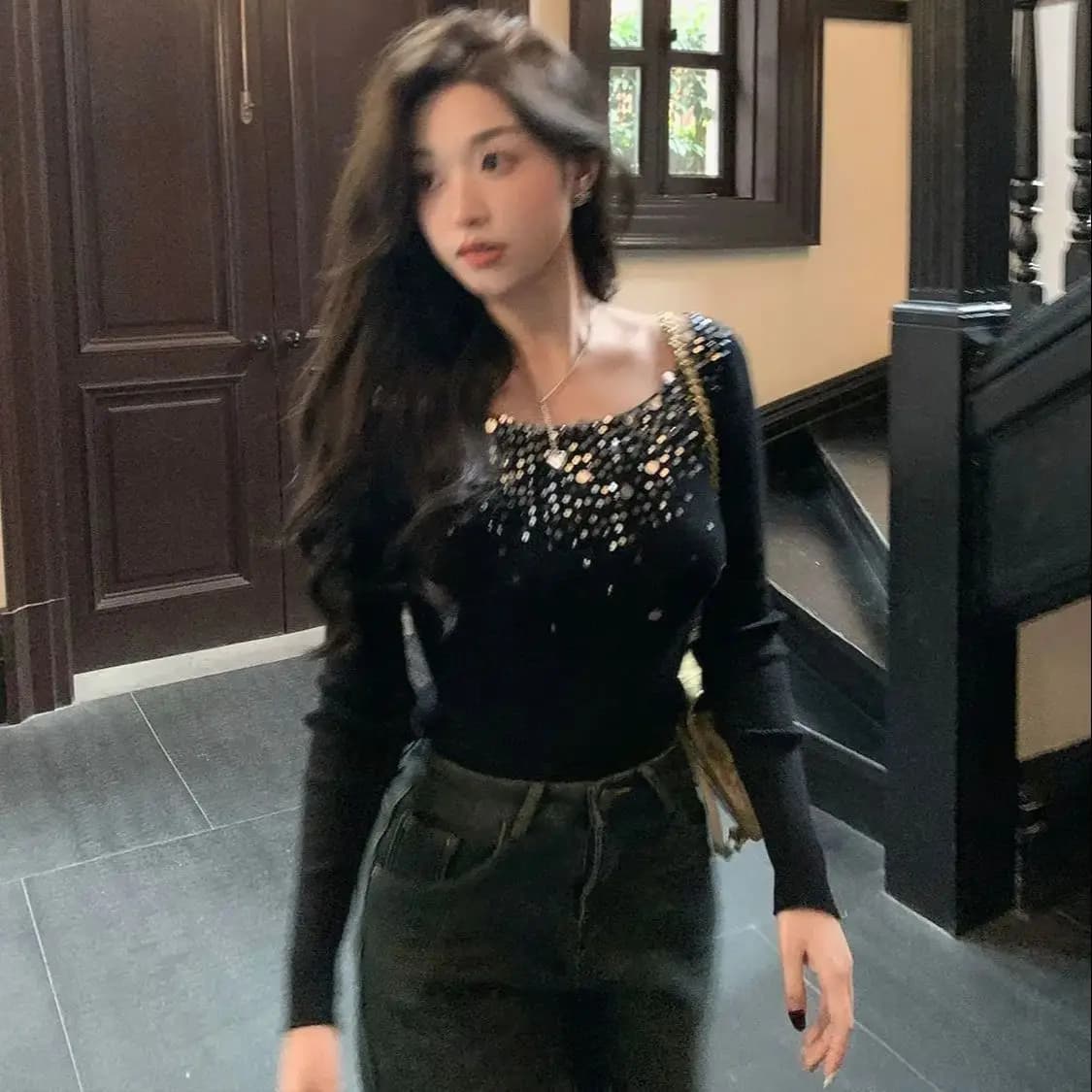 Sequin Women Sweater French Autumn Winter Fashion Elegant Pull Women Solid Color Simple Chic Sweet Pullover