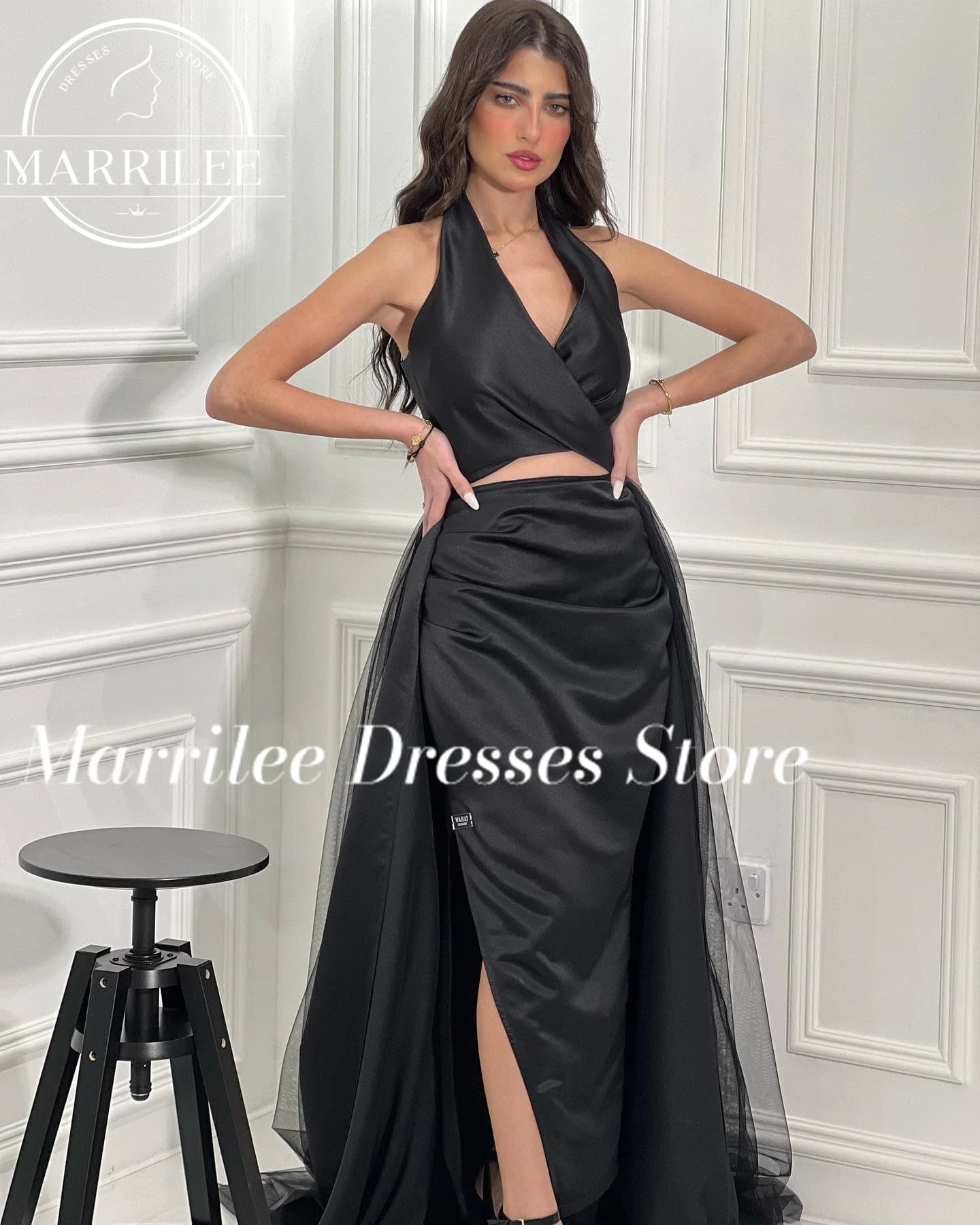 Marrilee Halter Sleeveless Backless Solid Color Sweep Train Side Silt Satin A-Line V Neck  Evening Prom Bespoke Occasion Gowns