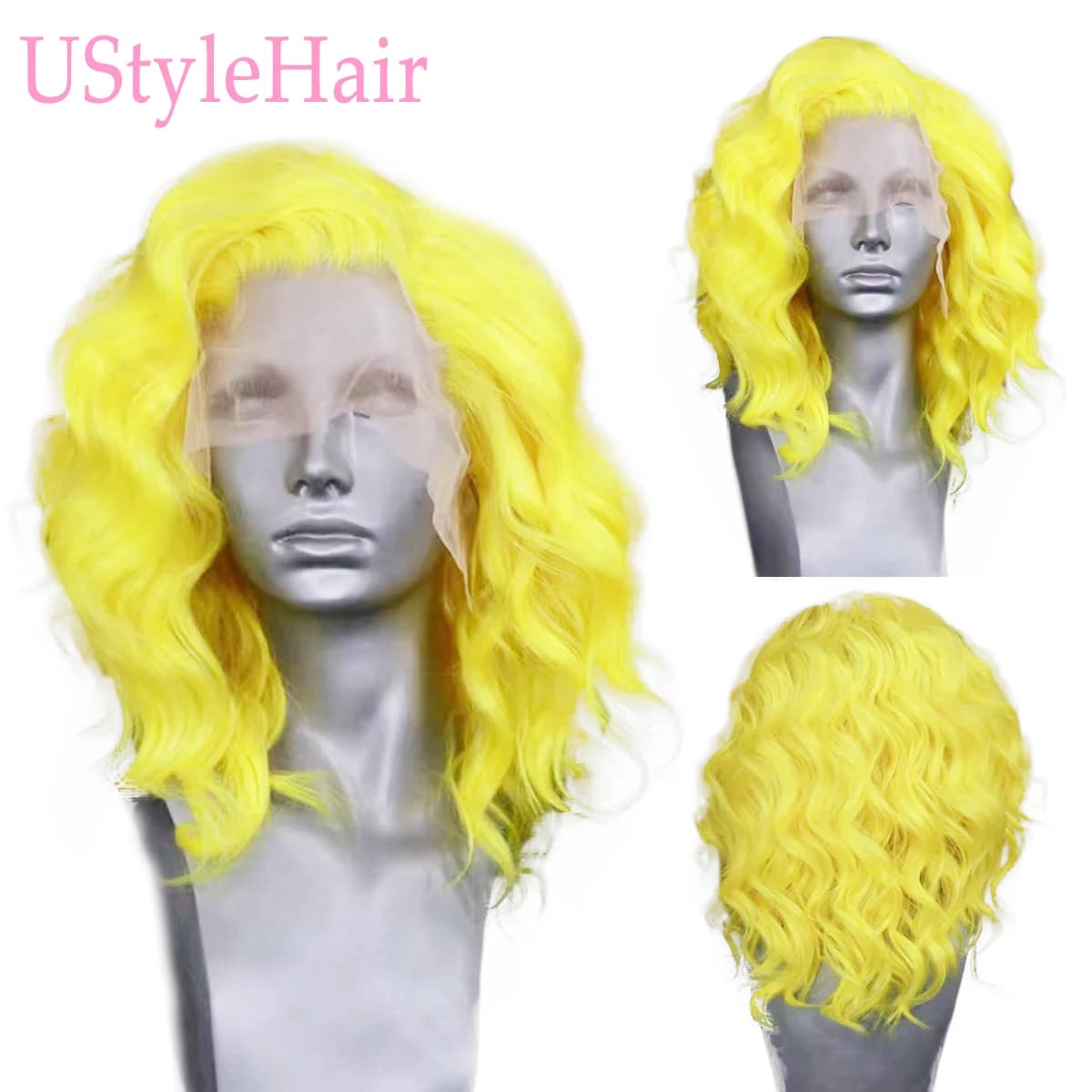 UStyleHair Yellow Bob Wigs for Women Synthetic Hair 12Inch Short Wave Lace Front Wig Natural Hairline Daily Used Cosplay Party