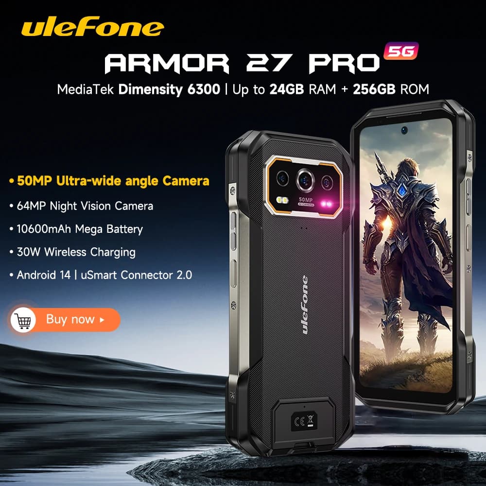 Ulefone Armor 27 Pro 5G Rugged Phone 10600mAh Smartphone Android 14 50MP Main Camera Up to 24GB+256GB NFC Mobile Phone