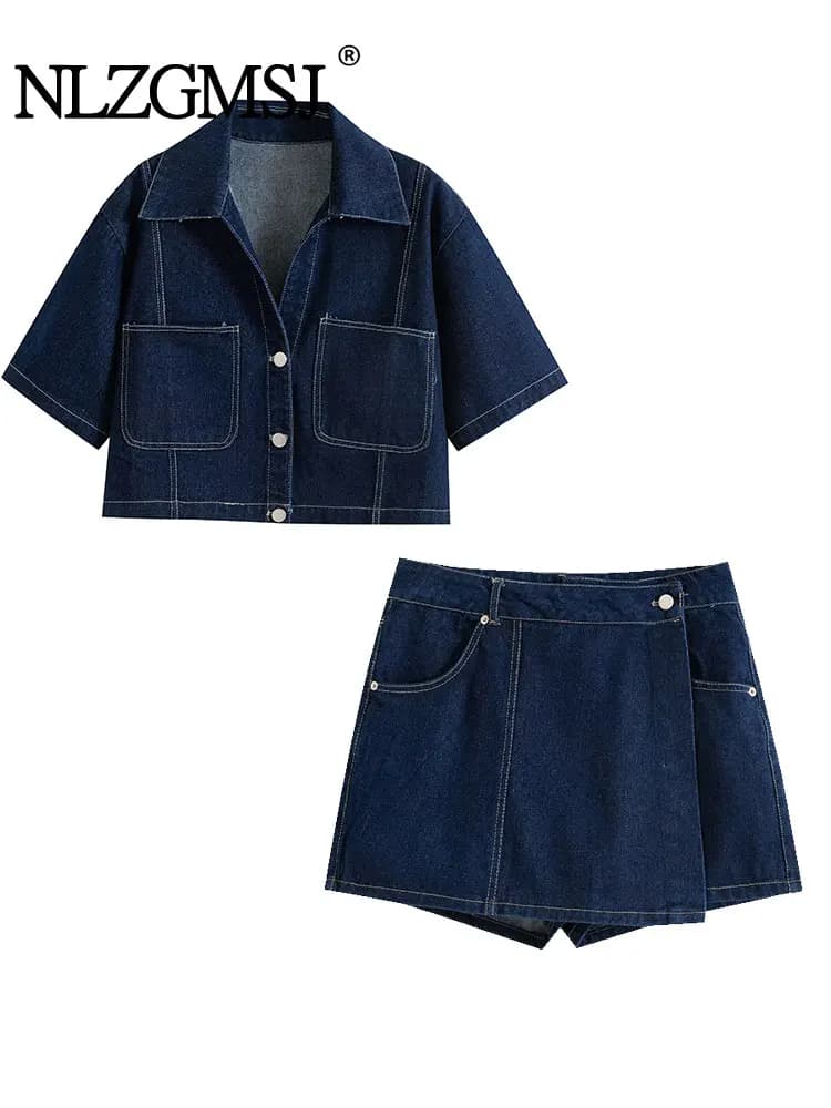 Nlzgmsj  Summer Women's Casual Sets Fashion Mini Skirt Shorts Sets Denim Short Shirt Top Sets For Women Street Women Outfit