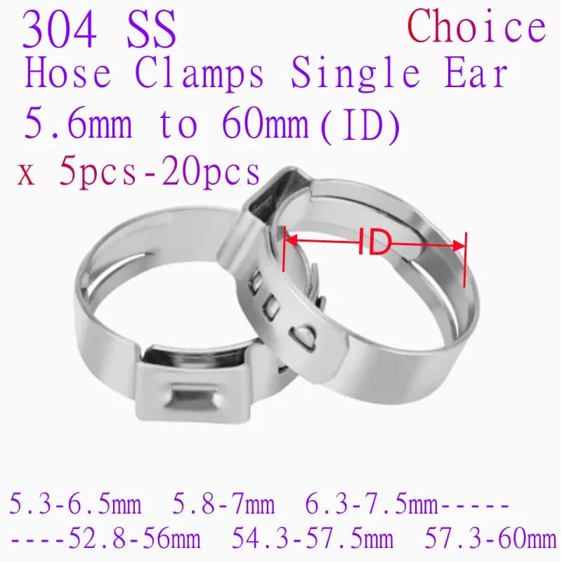 5pcs-20pcs/lot Hose Clamps Single Ear Stepless 5.8-60mm 304 Stainless Steel Hose Clamps Cinch Clamp Rings