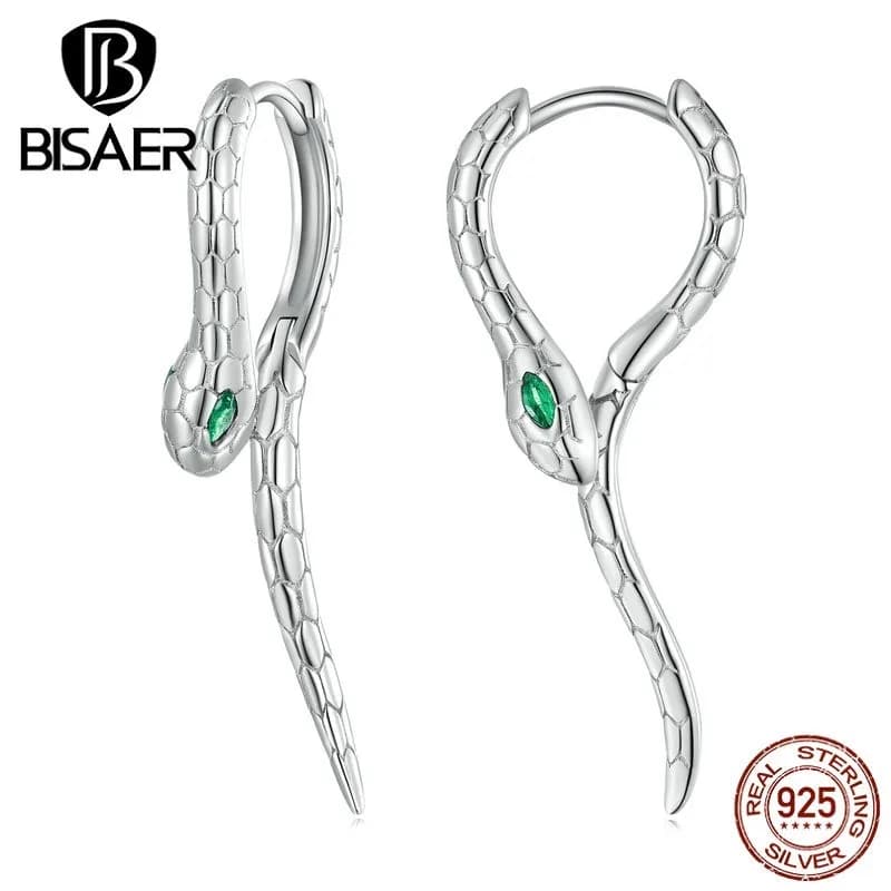 BISAER 925 Sterling Silver Snake Hoop Earrings Green Zircon Animal Ear Clips Plated Platinum For Women Party Fine Jewelry EFE792