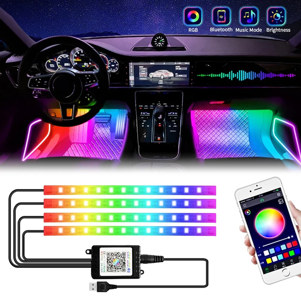 Neon 48 72 LED Car Interior Ambient Foot Light with USB Wireless Remote Music App Control Auto RGB Atmosphere Decorative Lamps